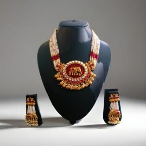 Traditional Elephant Motif Temple Necklace Set with Pearls & Earrings