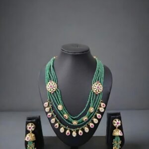 Traditional Emerald Multi-Strand Beaded Necklace Set with Jhumkas